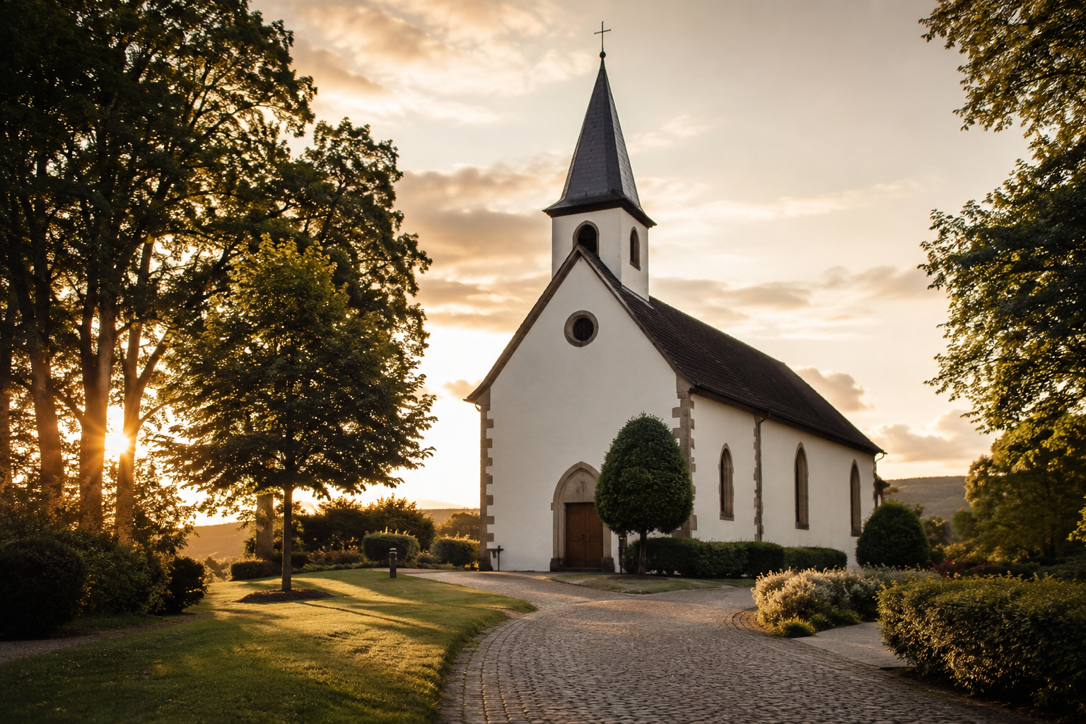 Kirche im Abendlicht neben dem Bestattungshaus Behre in Hannover-Kirchrode