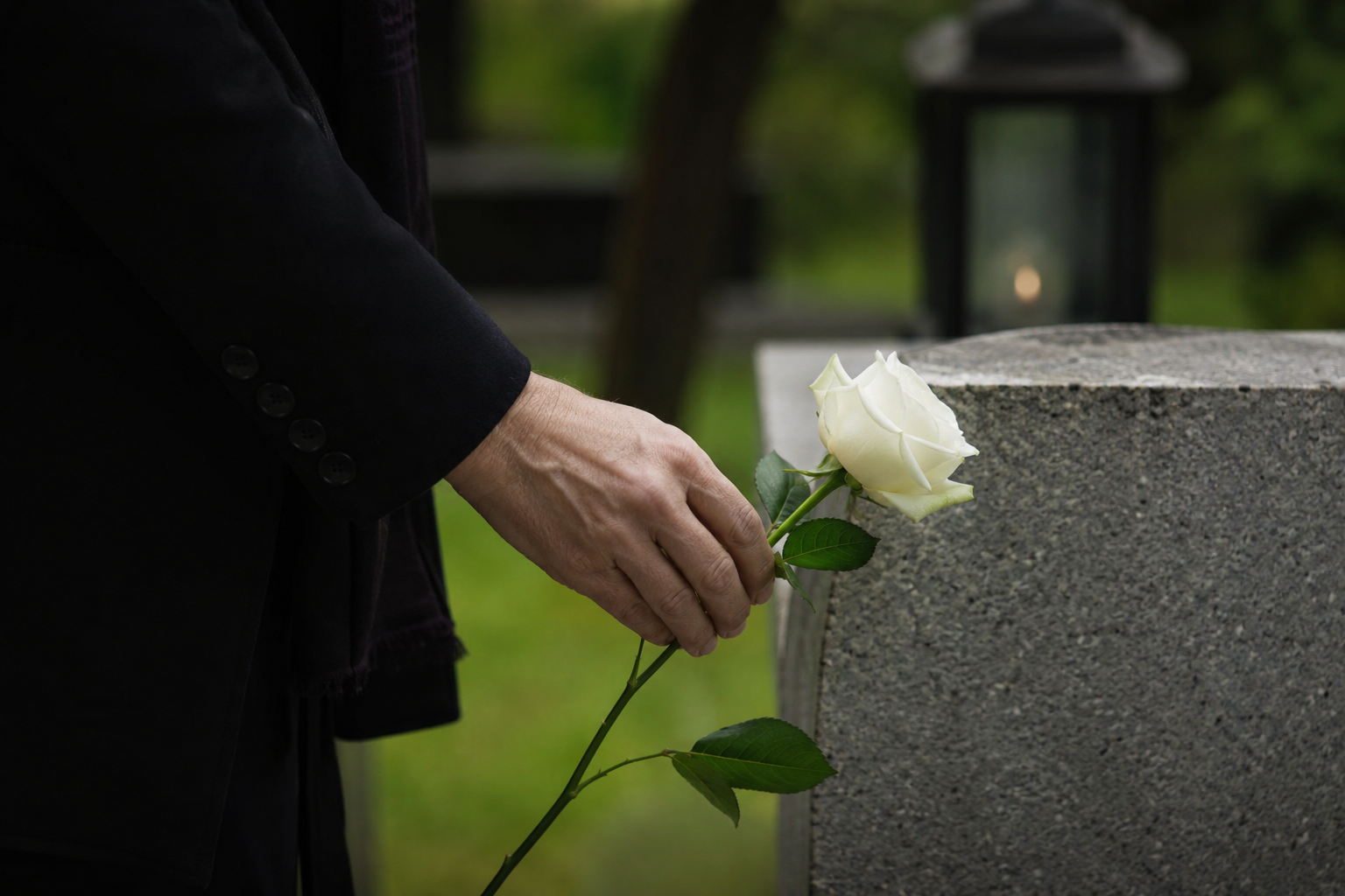 Weiße Rose an einem Grabstein
